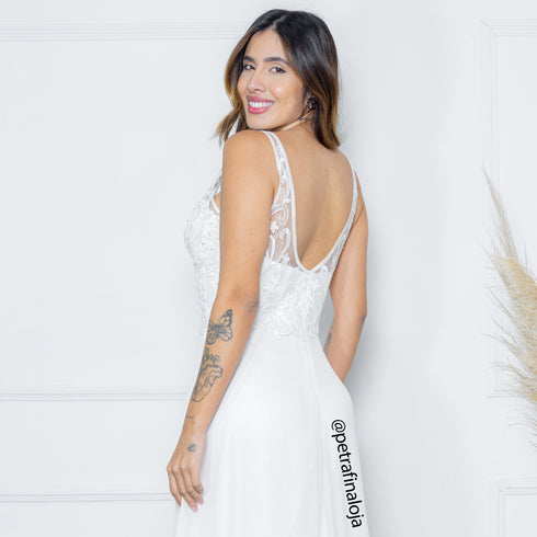 VESTIDO DECOTE V RENDA BORDADO VESTIDO DE FESTA PETRA FINA